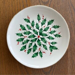 Lenox Holiday Green Holly White Cheese Plate Gold Rim Festive Christmas Decor